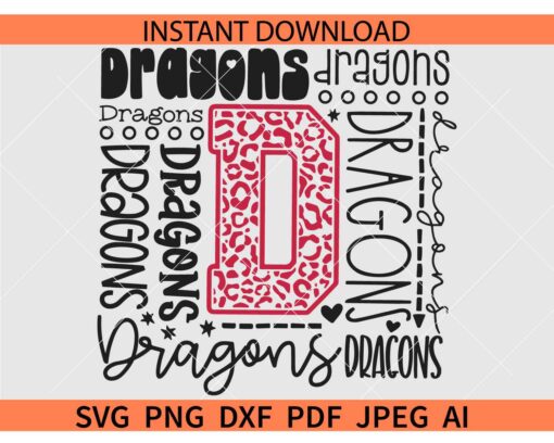 Dragons Typography SVG, Leopard Print Dragons Cheer SVG, Dragons Football SVG