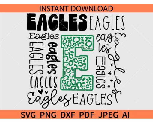 Eagles Typography SVG, Leopard Print Eagles Cheer SVG, Eagles Football SVG, Eagles Baseball SVG