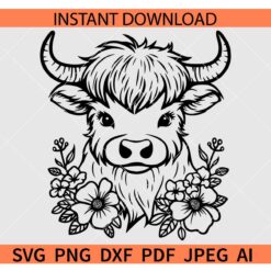 Floral Highland Cow SVG, Highland Cow with Flower Clipart SVG, Cow Head Floral SVG