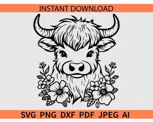Floral Highland Cow SVG, Highland Cow with Flower Clipart SVG, Cow Head Floral SVG