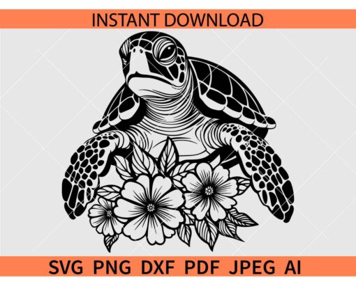 Floral Turtle SVG, Sea Turtle Flowers SVG, Turtle With Flowers SVG