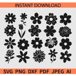Flower Silhouette SVG Bundle, Flowers Bundle SVG, Spring, Rose Flower SVG, Hibiscus Flower SVG, Sunflower SVG