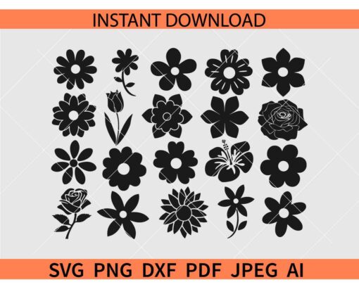 Flower Silhouette SVG Bundle, Flowers Bundle SVG, Spring, Rose Flower SVG, Hibiscus Flower SVG, Sunflower SVG