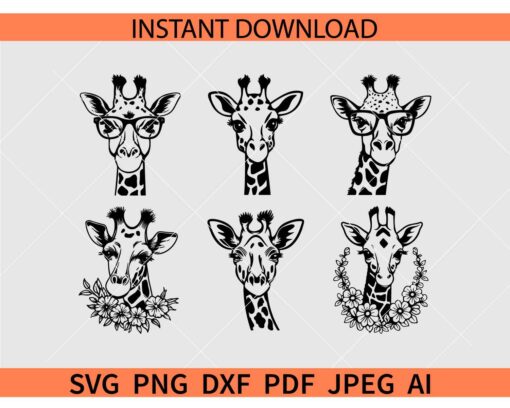 Giraffe Head Bundle SVG, Floral Giraffe Bundle SVG, Giraffe face Sunglasses SVG