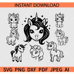 Girls Unicorns Bundle SVG, Unicorn Clipart Bundle SVG, Unicorn Head Bundle SVG, Kawaii Unicorn SVG