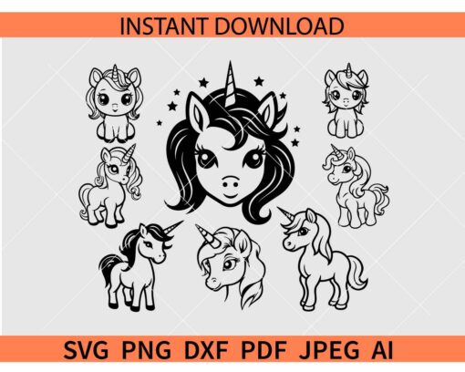 Girls Unicorns Bundle SVG, Unicorn Clipart Bundle SVG, Unicorn Head Bundle SVG, Kawaii Unicorn SVG