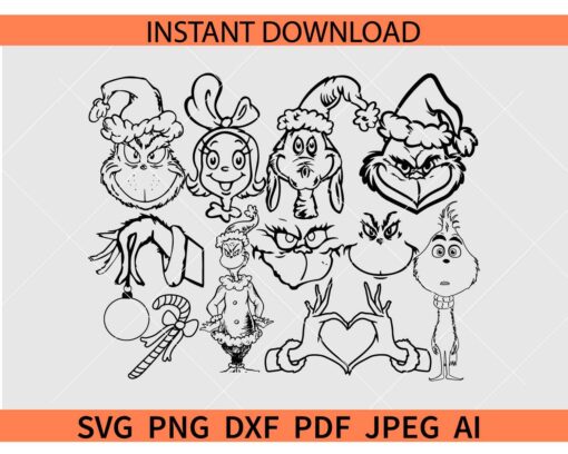 Grinch Face Sketch Bundle SVG,  Grinch Hand Grinch Outline Bundle SVG, Christmas Grinch bundle SVG