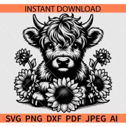 Highland Cow With Sunflowers SVG PNG DXF EPS, Floral Highland Cow Vector Image SVG