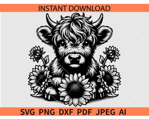 Highland Cow With Sunflowers SVG PNG DXF EPS, Floral Highland Cow Vector Image SVG
