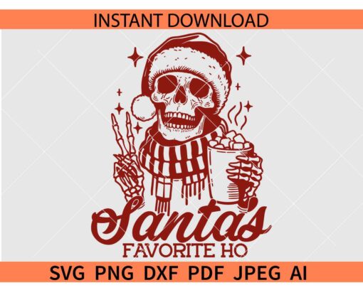 Santa's Favorite HO Skeleton SVG, Santa Skeleton Peace Hand SVG, Santa Skeleton with Iced Coffee SVG