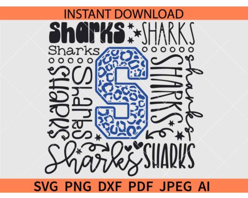 Sharks Typography SVG, Sharks Cheer Typography SVG, Sharks Mascot Typography SVG