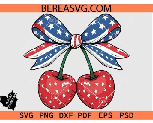 4th of July Coquette Bow Cherry SVG, Patriotic Coquette Bow with Cherry SVG