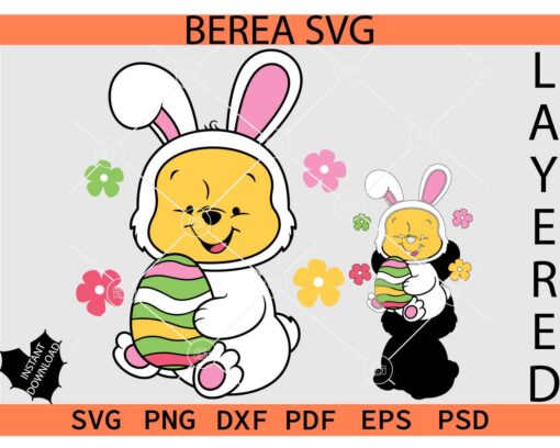 Baby Winnie the Poor with Bunny Ears SVG, Easter Baby Pooh with Egg SVG, Layered Winnie the Pooh Easter Bunny SVG