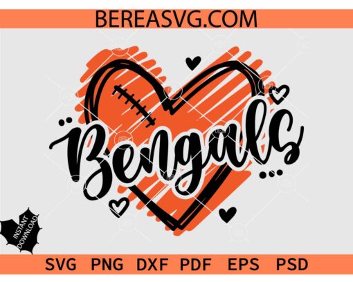 Bengals Heart SVG PNG, Bengals Heart Love Symbol SVG, Bengals Football SVG, Bengals Mascot SVG