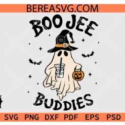 Boo Jee Buddies Halloween Ghost svg png, Buddies Cute Ghost with coffee in Witch hat svg