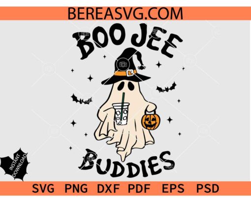 Boo Jee Buddies Halloween Ghost svg png, Buddies Cute Ghost with coffee in Witch hat svg