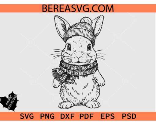 Bunny Clipart svg, Rabbit with Scarf SVG, Cute Rabbit line art svg png, Easte Bunny svg