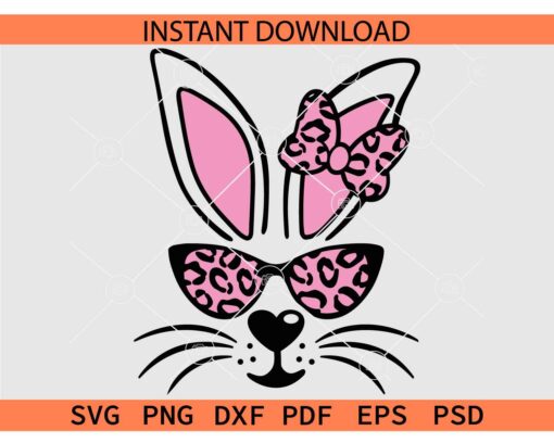 Bunny Girl with Sunglasses SVG, Leopard Print Sunglasses Bunny SVG, Leopard Print Bandana Bunny Face SVG