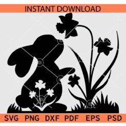 Bunny Silhouette Daffodil SVG, Bunny Floral Cut Out SVG, Easter Bunny Silhouette SVG, Rabbit with Flowers Silhouette SVG