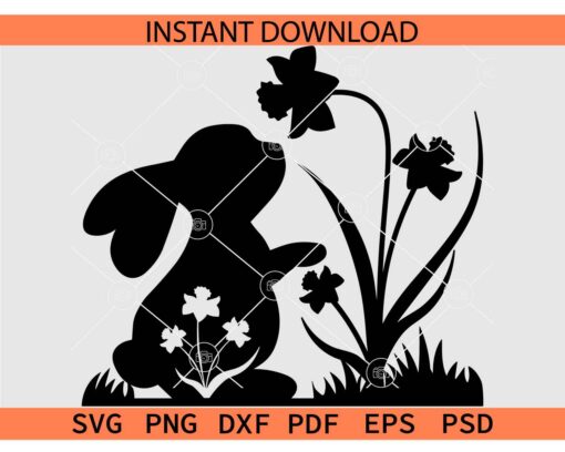 Bunny Silhouette Daffodil SVG, Bunny Floral Cut Out SVG, Easter Bunny Silhouette SVG, Rabbit with Flowers Silhouette SVG