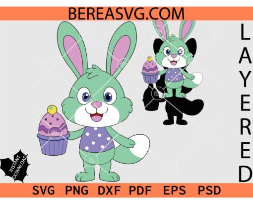 Cartoon bunny holding a cupcake SVG, Cartoon with a blue cupcake SVG