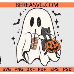Cute Ghost Coffee SVG, Ghost with Pumpkin SVG, Halloween Ghost Coffee SVG