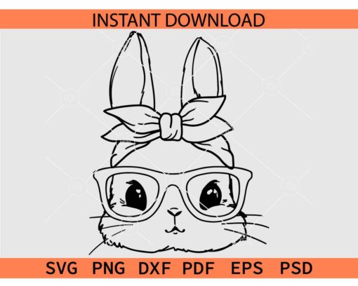 Cute bunny with glasses Sketch SVG, Cute bunny with glasses & Bow Outline SVG