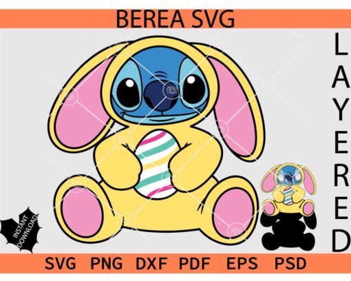 Easter Baby Stitch SVG, Baby Stitch with Easter Egg SVG, Layered Stitch with Bunny Ears SVG, Baby Bunny Stitch Carrying Easter Egg SVG