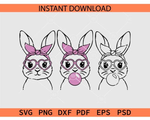 Easter Bunny Bubblegum Bundle SVG, Bunny Sunglasses Bundle SVG, Bunny Head with Bandana Sunglasses Bundle SVG
