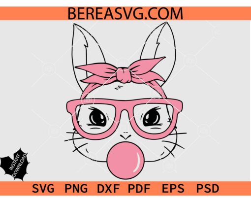 Easter Bunny Face with Bow Sunglasses and bubble gum SVG, Easter Bunny Bandana SVG