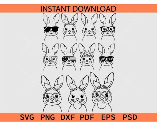 Easter Bunny bandana Bundle SVG,  Bunny Head with Bandana Sunglasses Bundle SVG