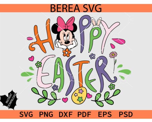 Floral Minnie Happy Easter SVG, Happy Easter Minnie Head Flowers SVG, Minnie with Bow Happy Easter SVG