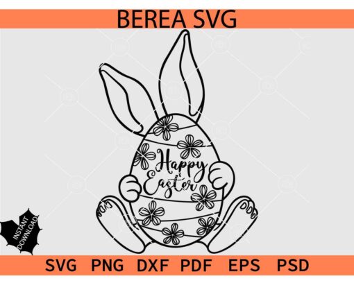 Happy Easter Egg Bunny SVG, Floral Easter Egg with Bunny Ears Happy Easter SVG, Egg with Rabbit Ears Happy Easter SVG