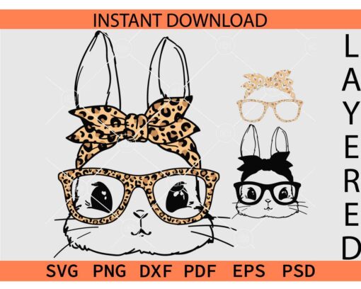 Layered bunny Face with leopard Print bandana  svg, Layered bunny Face with leopard Print sunglasses svg, Layered Easter Bunny Leopard print bandana svg
