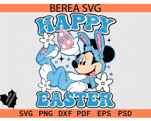 Mickey Happy Easter SVG, Retro Happy Easter SVG, Bunny Mouse with Easter egg SVG