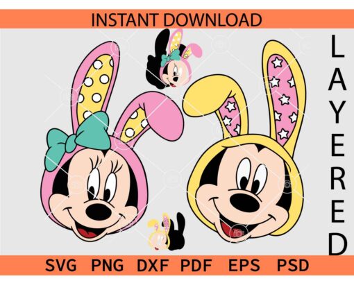 Mickey Minnie Bunny Face Bundle SVG, Happy Disney Face with Bunny Ears Bundle SVG