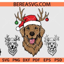 Santa Dog Head svg, Golden retriever with santa hat SVG, Santa dog with deer horns SVG