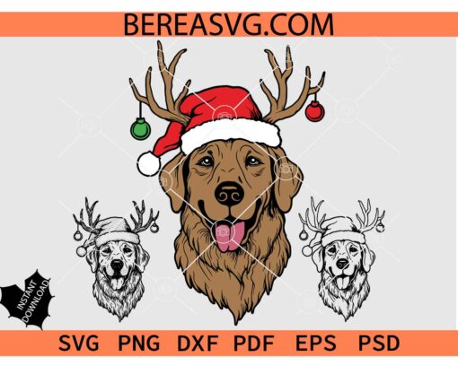 Santa Dog Head svg, Golden retriever with santa hat SVG, Santa dog with deer horns SVG