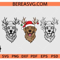 Santa Dog Head svg, Golden retriever with santa hat SVG, Santa dog with deer horns SVG
