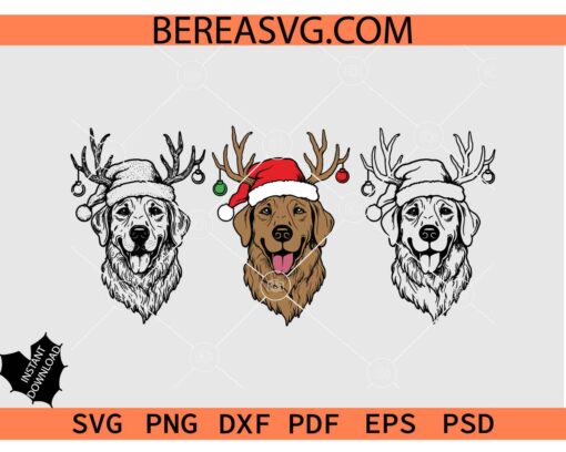 Santa Dog Head svg, Golden retriever with santa hat SVG, Santa dog with deer horns SVG