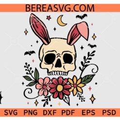 Skull Bunny floral Halloween ghost svg, Easter Skull with bunny flowers sublimation SVG