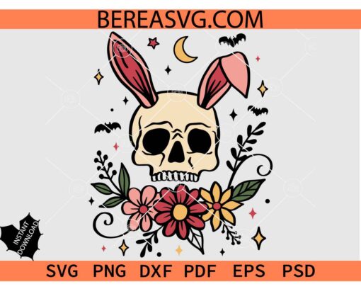 Skull Bunny floral Halloween ghost svg, Easter Skull with bunny flowers sublimation SVG