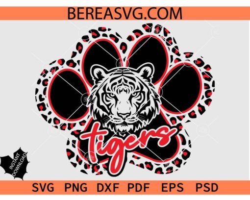 Tigers Paw SVG PNG, Leopard Print Tigers Paw SVG, Tigers Face in Paw SVG PNG DXF EPS