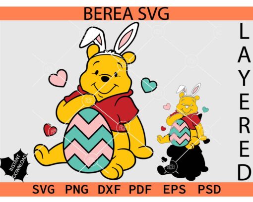 Winnie the Pooh Holding Easter Egg SVG, Layered Winnie the Pooh with Bunny Ears SVG