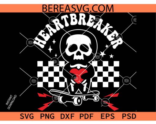 Retro Heartbreaker svg, Valentines Skull svg, Valentine Skull Skateboard svg