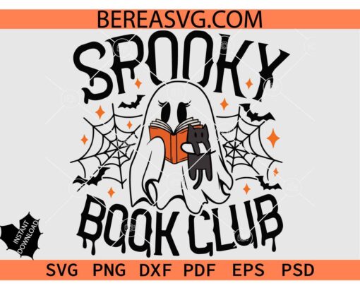 Spooky Book Club Ghost SVG, Ghost Reading Book SVG, Spooky Season Cute Ghost SVG
